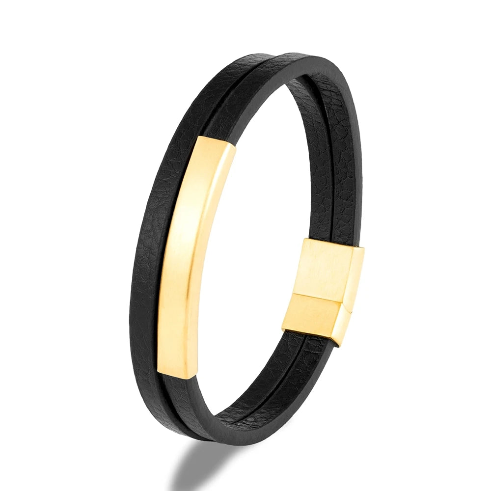 Pulsera de Cuero Trenzado Doble para Hombre – Estilo Minimalista con Cierre Negro Mate de Acero Inoxidable