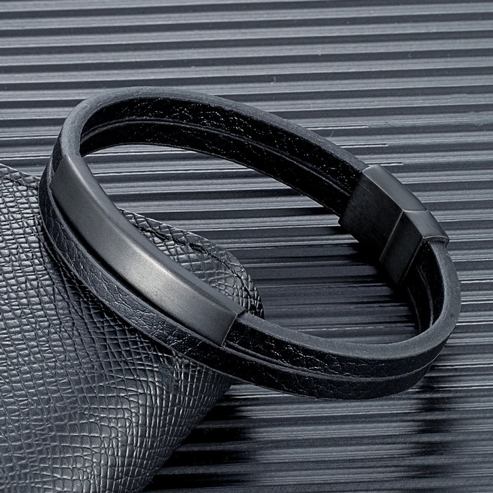 Pulsera de Cuero Trenzado Doble para Hombre – Estilo Minimalista con Cierre Negro Mate de Acero Inoxidable