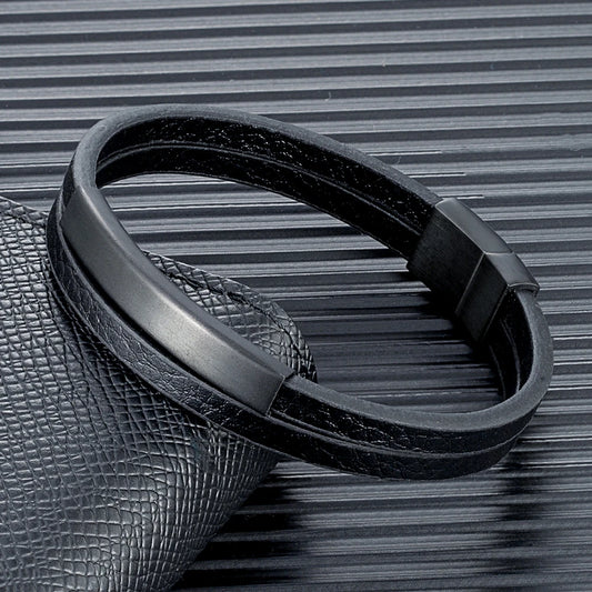 Pulsera de Cuero Trenzado Doble para Hombre – Estilo Minimalista con Cierre Negro Mate de Acero Inoxidable