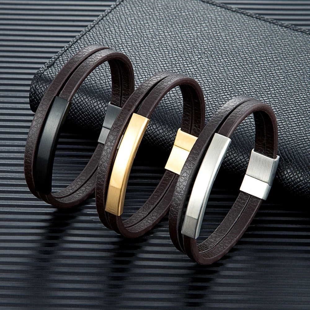 Pulsera de Cuero Trenzado Doble para Hombre – Estilo Minimalista con Cierre Negro Mate de Acero Inoxidable