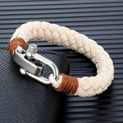 Pulsera Náutica de Cuerda Ancha para Hombre – Brazalete Envolvente con Grillete Ajustable de Acero Inoxidable, Hecho a Mano