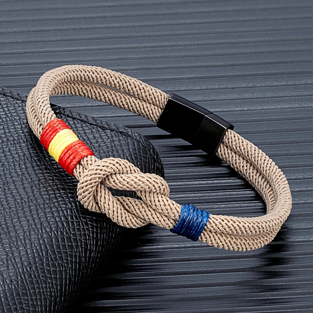 Pulsera Náutica Unisex con Bandera de España – Cuerda de Doble Hebra y Hebilla Magnética de Acero Inoxidable Negro