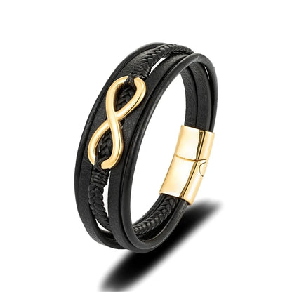 Pulsera Infinity de Cuero Trenzado Multicapa – Unisex, con Detalles en Acero Inoxidable Negro