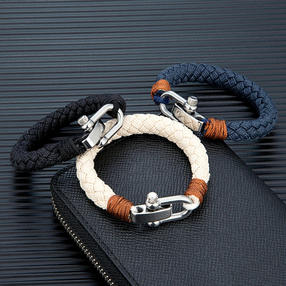 Pulsera Náutica de Cuerda Ancha para Hombre – Brazalete Envolvente con Grillete Ajustable de Acero Inoxidable, Hecho a Mano