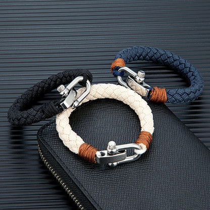 Pulsera Náutica de Cuerda Ancha para Hombre – Brazalete Envolvente con Grillete Ajustable de Acero Inoxidable, Hecho a Mano
