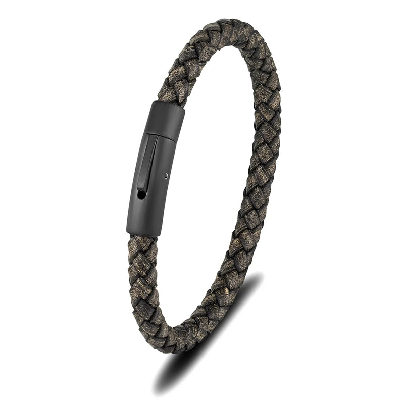 Pulsera de Cuero Azul Trenzado para Hombre – Estilo Minimalista con Hebilla Magnética Negra de Acero Inoxidable