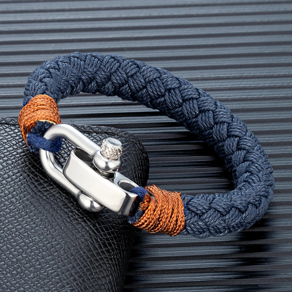 Pulsera Náutica de Cuerda Ancha para Hombre – Brazalete Envolvente con Grillete Ajustable de Acero Inoxidable, Hecho a Mano