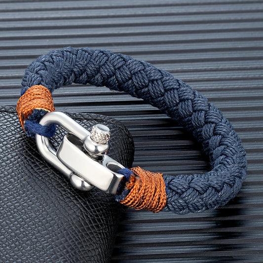 Pulsera Náutica de Cuerda Ancha para Hombre – Brazalete Envolvente con Grillete Ajustable de Acero Inoxidable, Hecho a Mano