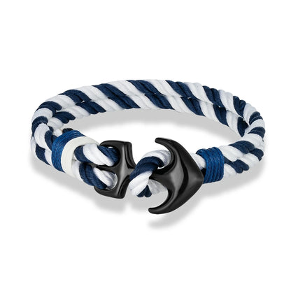 Pulsera Náutica con Ancla – Cuerda Impermeable de Doble Hebra y Hebilla de Acero Inoxidable Negro Unisex