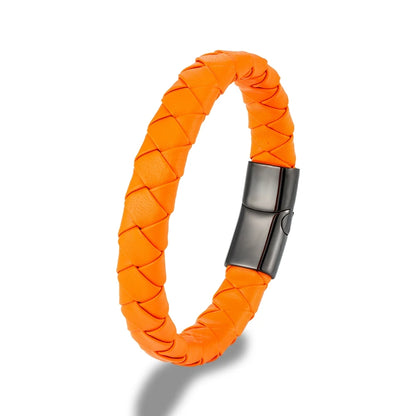 Pulsera Trenzada de Cuero Genuino Naranja y Negro – Unisex, con Hebilla Magnética de Acero Inoxidable