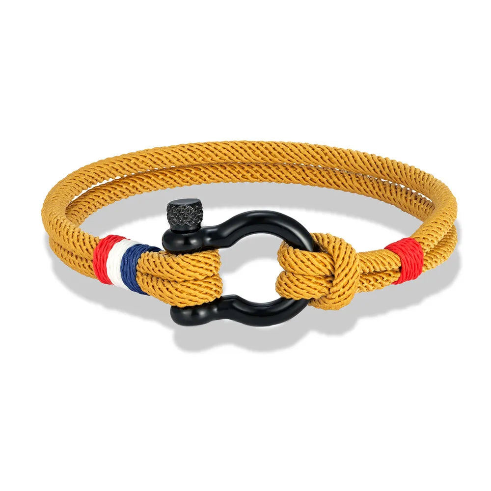 Pulsera Tejida de Doble Capa con Hebilla de Grillete Negro – Unisex, Diseño Artesanal con Detalle de Bandera Francesa