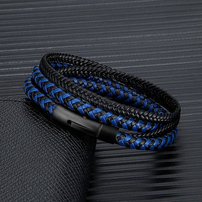 Pulsera de Cuero Doble para Hombre – Estilo Simple con Botón de Acero Inoxidable Negro Mate, Hecha a Mano