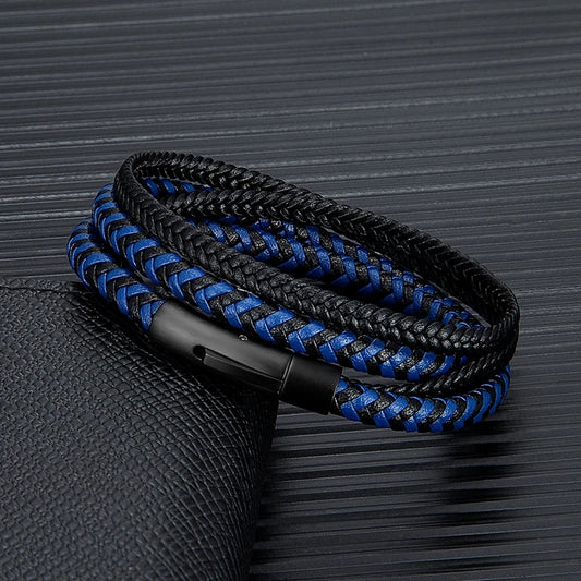 Pulsera de Cuero Doble para Hombre – Estilo Simple con Botón de Acero Inoxidable Negro Mate, Hecha a Mano