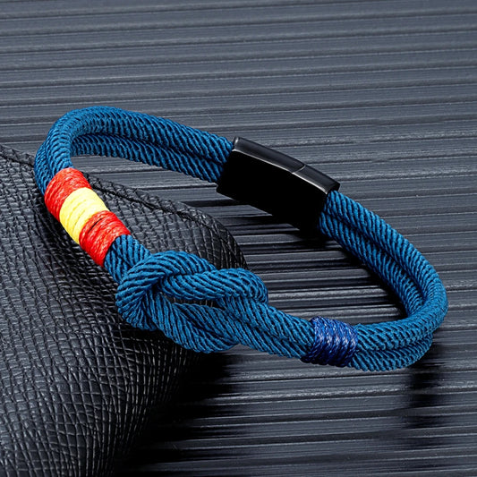 Pulsera Náutica Unisex con Bandera de España – Cuerda de Doble Hebra y Hebilla Magnética de Acero Inoxidable Negro