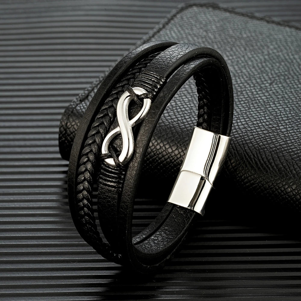 Pulsera Infinity de Cuero Trenzado Multicapa – Unisex, con Detalles en Acero Inoxidable Negro