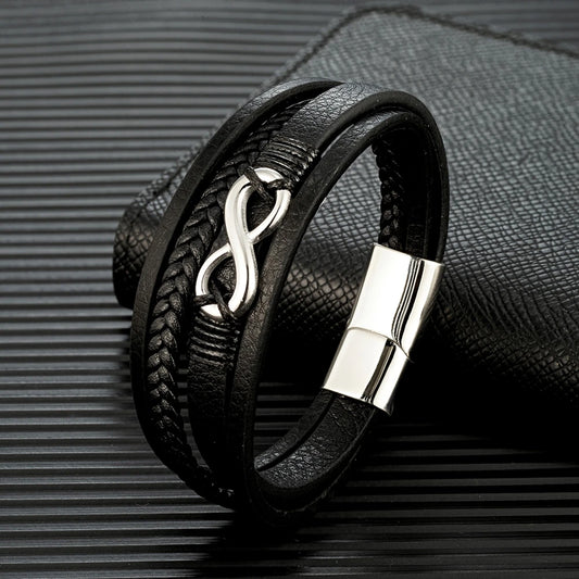 Pulsera Infinity de Cuero Trenzado Multicapa – Unisex, con Detalles en Acero Inoxidable Negro