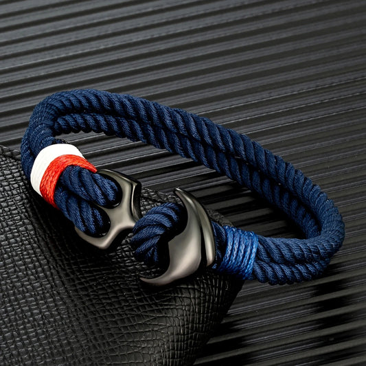 Pulsera Náutica con Ancla – Cuerda Impermeable de Doble Hebra y Hebilla de Acero Inoxidable Negro Unisex