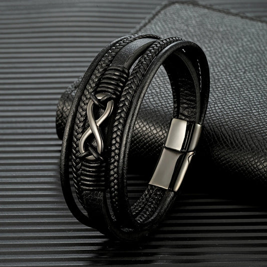 Pulsera Infinity de Cuero Trenzado Multicapa – Unisex, con Detalles en Acero Inoxidable Negro