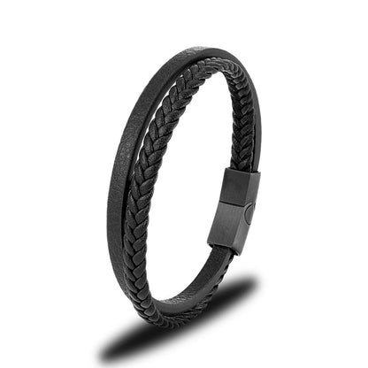 Pulsera Minimalista de Cuero Trenzado Doble para Hombre – Hebilla Negra Mate de Acero Inoxidable