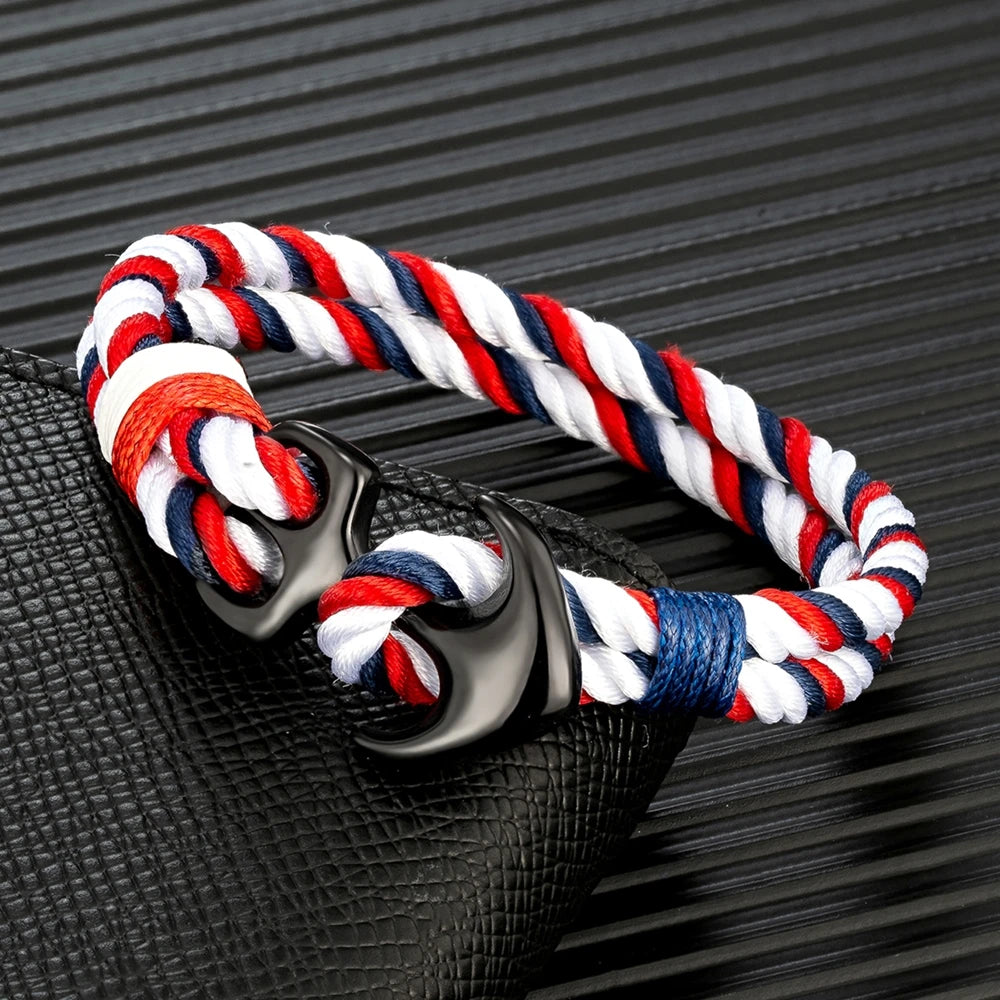 Pulsera Náutica con Ancla – Cuerda Impermeable de Doble Hebra y Hebilla de Acero Inoxidable Negro Unisex