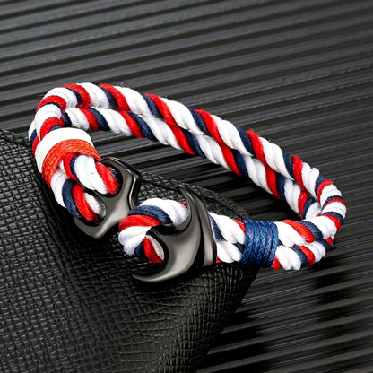 Pulsera Náutica con Ancla – Cuerda Impermeable de Doble Hebra y Hebilla de Acero Inoxidable Negro Unisex