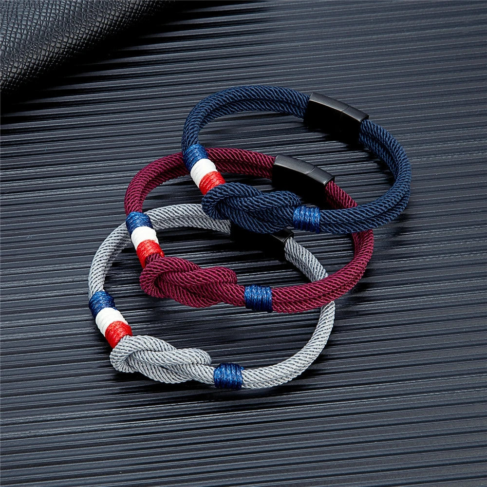 Pulsera Tejida de Doble Capa con Nudo Cuadrado – Unisex, Acero Inoxidable y Detalle de Bandera Francesa