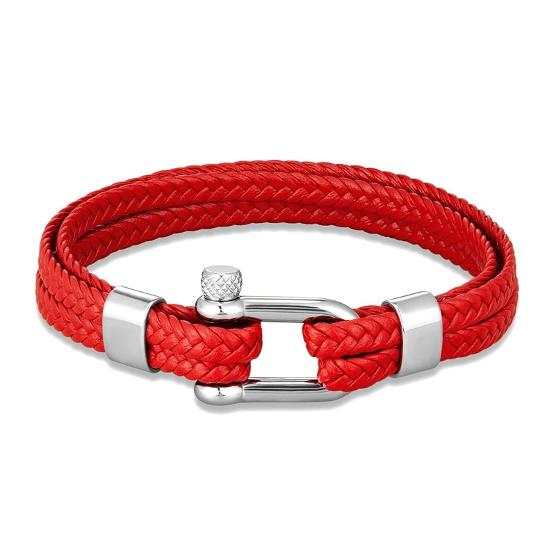 Pulsera de Cuero Azul Marino Trenzado Multicapa – Unisex, con Grillete en U de Acero Inoxidable