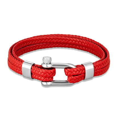 Pulsera de Cuero Azul Marino Trenzado Multicapa – Unisex, con Grillete en U de Acero Inoxidable
