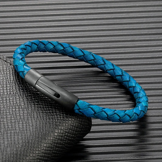 Pulsera de Cuero Azul Trenzado para Hombre – Estilo Minimalista con Hebilla Magnética Negra de Acero Inoxidable