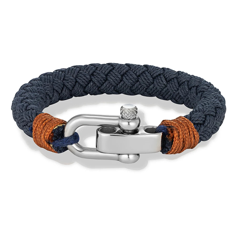 Pulsera Náutica de Cuerda Ancha para Hombre – Brazalete Envolvente con Grillete Ajustable de Acero Inoxidable, Hecho a Mano