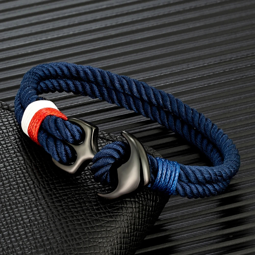 Pulsera Náutica con Ancla – Cuerda Impermeable de Doble Hebra y Hebilla de Acero Inoxidable Negro Unisex