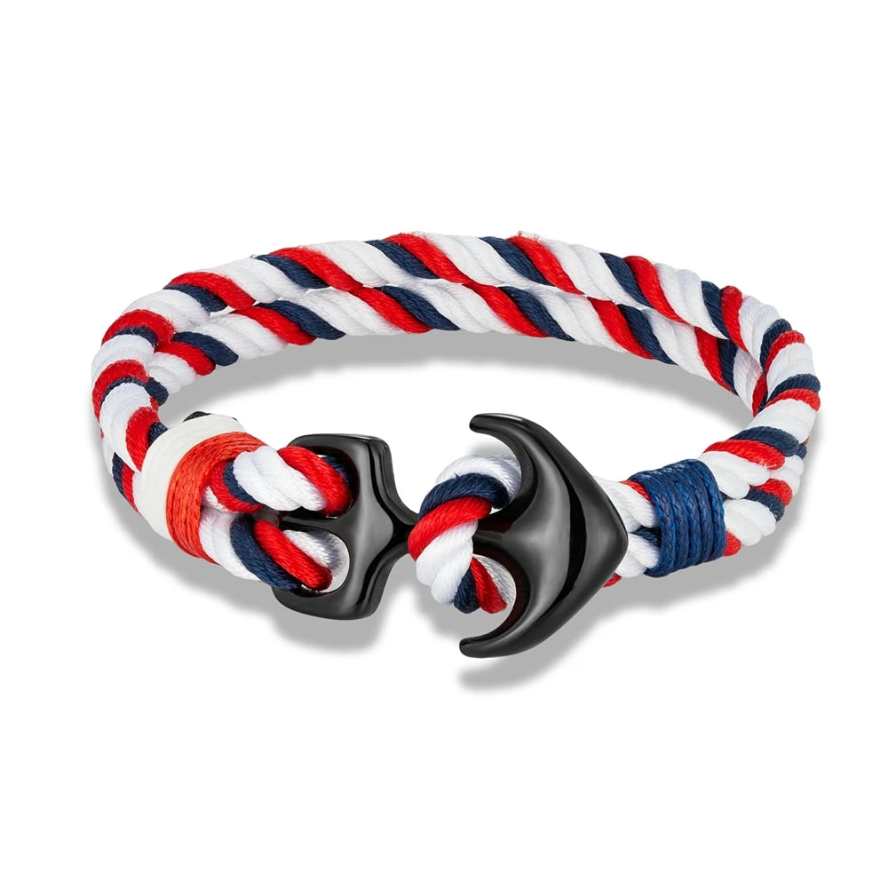 Pulsera Náutica con Ancla – Cuerda Impermeable de Doble Hebra y Hebilla de Acero Inoxidable Negro Unisex