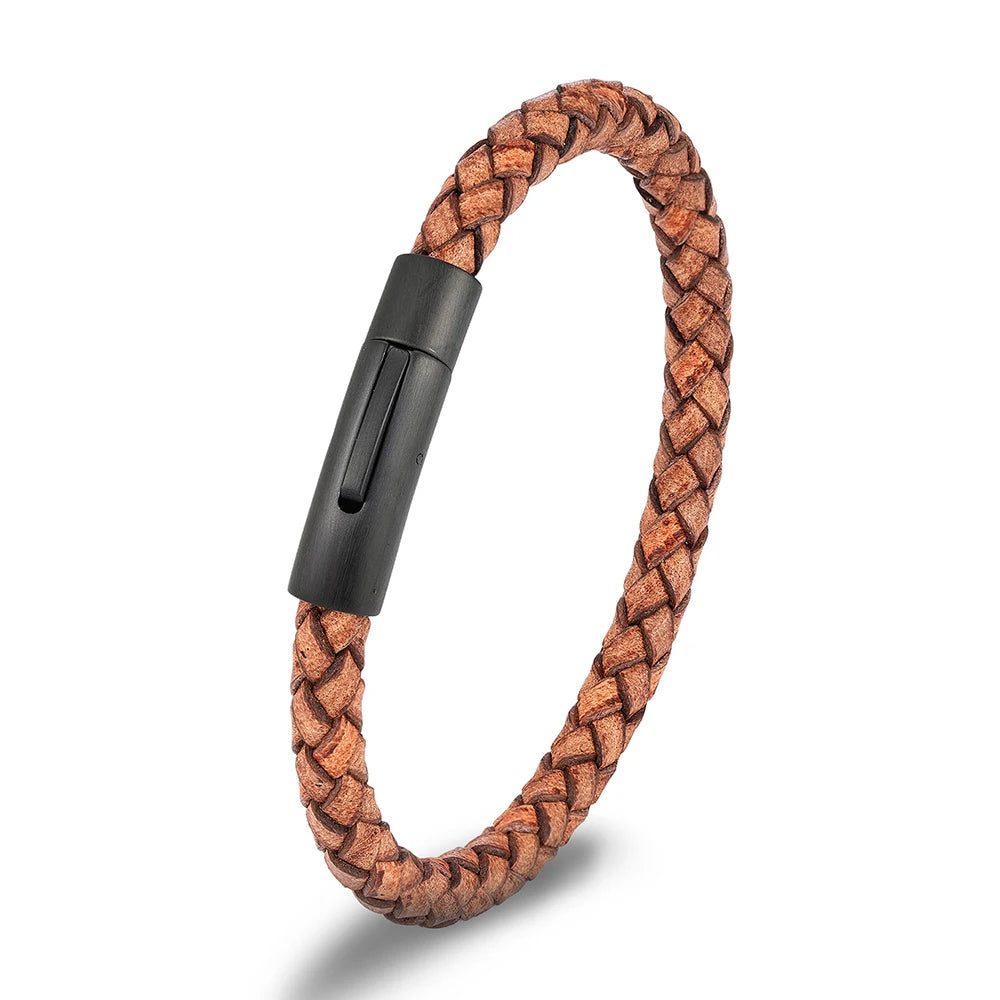 Pulsera de Cuero Azul Trenzado para Hombre – Estilo Minimalista con Hebilla Magnética Negra de Acero Inoxidable