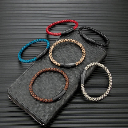 Pulsera de Cuero Azul Trenzado para Hombre – Estilo Minimalista con Hebilla Magnética Negra de Acero Inoxidable