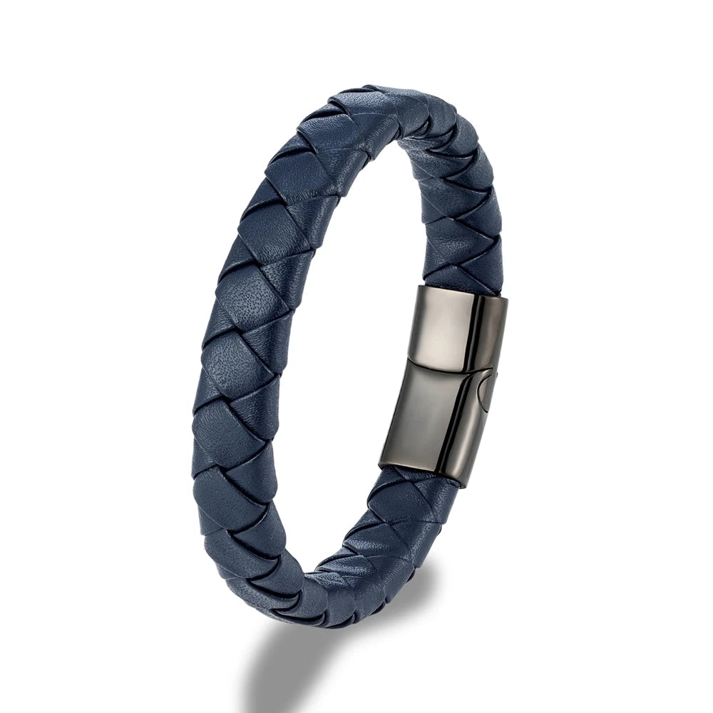 Pulsera Trenzada de Cuero Genuino Naranja y Negro – Unisex, con Hebilla Magnética de Acero Inoxidable