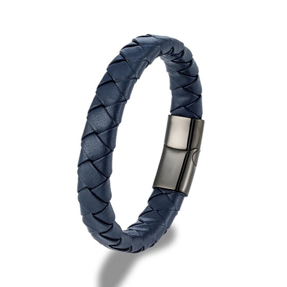 Pulsera Trenzada de Cuero Genuino Naranja y Negro – Unisex, con Hebilla Magnética de Acero Inoxidable
