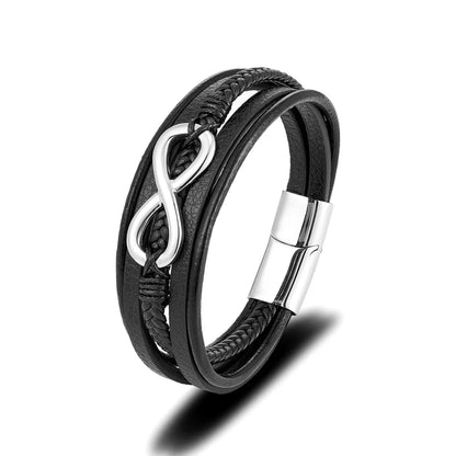 Pulsera Infinity de Cuero Trenzado Multicapa – Unisex, con Detalles en Acero Inoxidable Negro