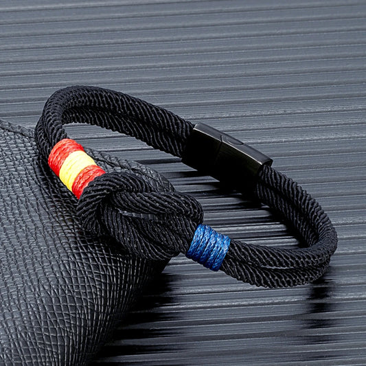 Pulsera Náutica Unisex con Bandera de España – Cuerda de Doble Hebra y Hebilla Magnética de Acero Inoxidable Negro
