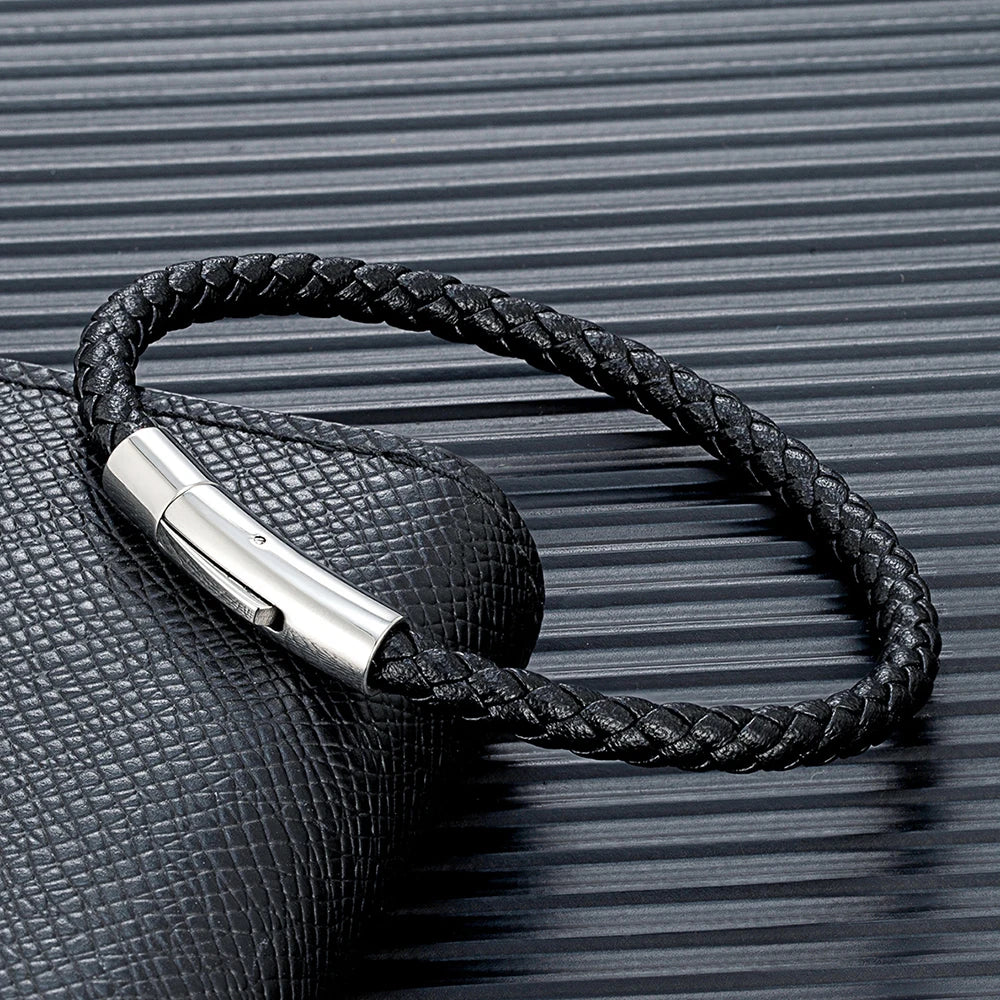 Pulsera de Cuero Trenzado Azul – Diseño Clásico con Hebilla Magnética de Acero Inoxidable Unisex