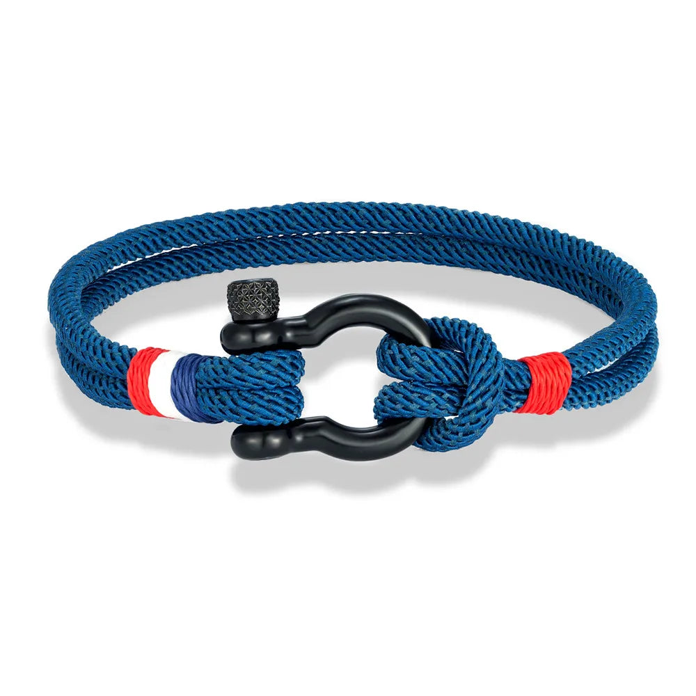 Pulsera Tejida de Doble Capa con Hebilla de Grillete Negro – Unisex, Diseño Artesanal con Detalle de Bandera Francesa