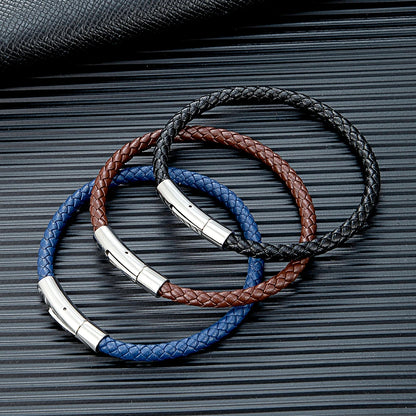 Pulsera de Cuero Trenzado Azul – Diseño Clásico con Hebilla Magnética de Acero Inoxidable Unisex
