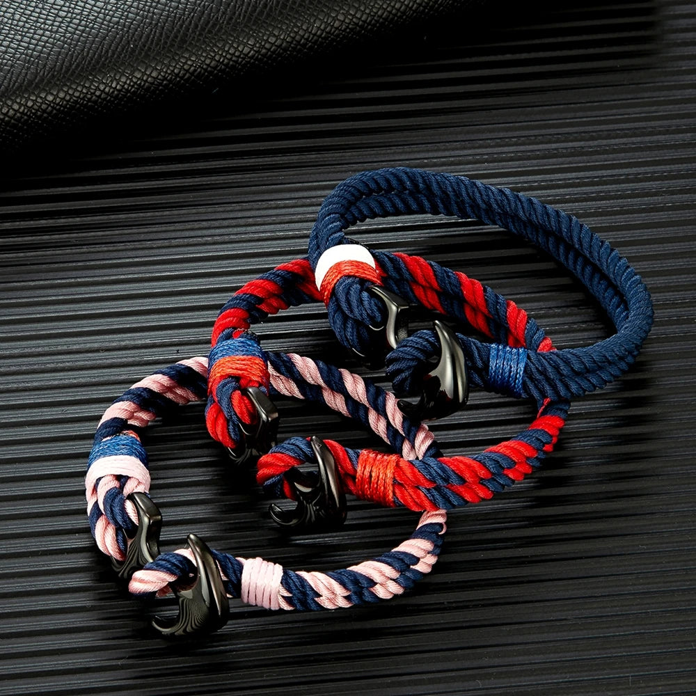 Pulsera Náutica con Ancla – Cuerda Impermeable de Doble Hebra y Hebilla de Acero Inoxidable Negro Unisex