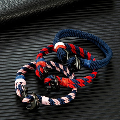 Pulsera Náutica con Ancla – Cuerda Impermeable de Doble Hebra y Hebilla de Acero Inoxidable Negro Unisex