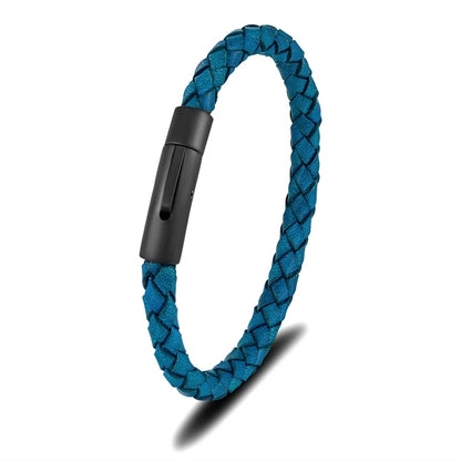Pulsera de Cuero Azul Trenzado para Hombre – Estilo Minimalista con Hebilla Magnética Negra de Acero Inoxidable