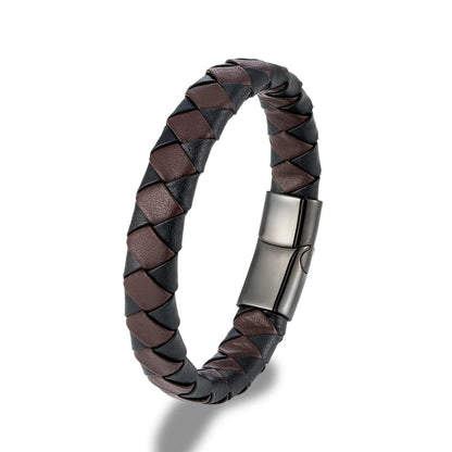 Pulsera Trenzada de Cuero Genuino Naranja y Negro – Unisex, con Hebilla Magnética de Acero Inoxidable