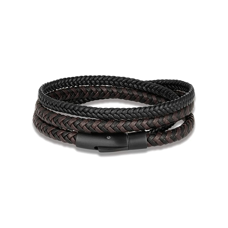 Pulsera de Cuero Doble para Hombre – Estilo Simple con Botón de Acero Inoxidable Negro Mate, Hecha a Mano