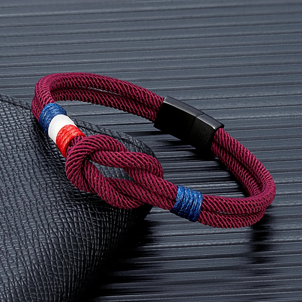 Pulsera Tejida de Doble Capa con Nudo Cuadrado – Unisex, Acero Inoxidable y Detalle de Bandera Francesa