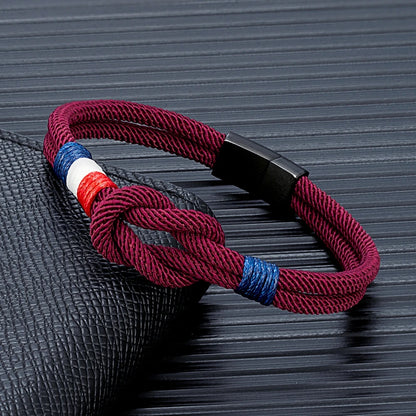 Pulsera Tejida de Doble Capa con Nudo Cuadrado – Unisex, Acero Inoxidable y Detalle de Bandera Francesa
