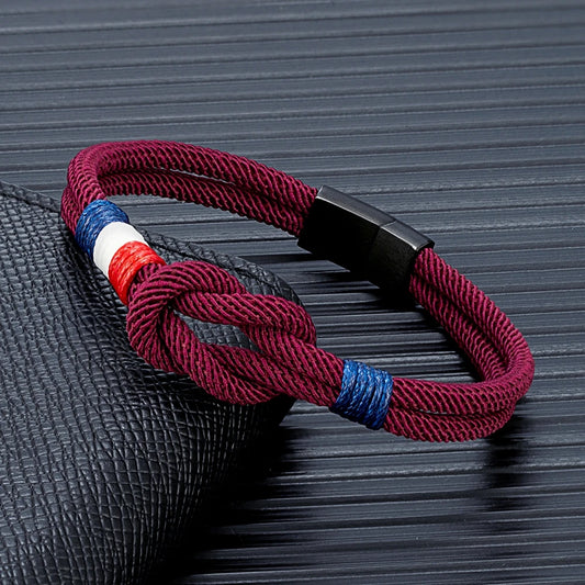 Pulsera Tejida de Doble Capa con Nudo Cuadrado – Unisex, Acero Inoxidable y Detalle de Bandera Francesa