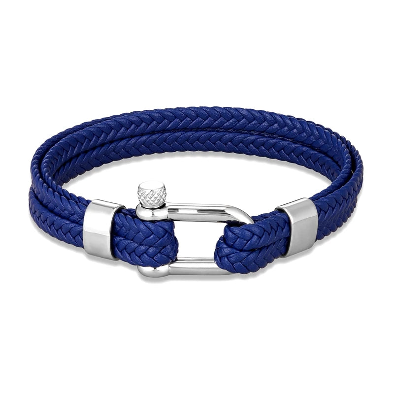 Pulsera de Cuero Azul Marino Trenzado Multicapa – Unisex, con Grillete en U de Acero Inoxidable